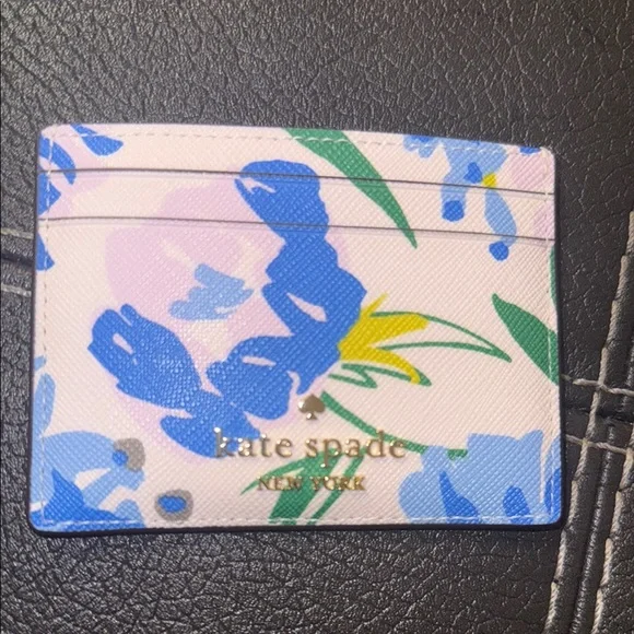 Kate Spade Madison Vase Blue Floral Small Slim Card Holder  Kate Spade Floral Card Holder with Blue and Yellow Accents display picture 1